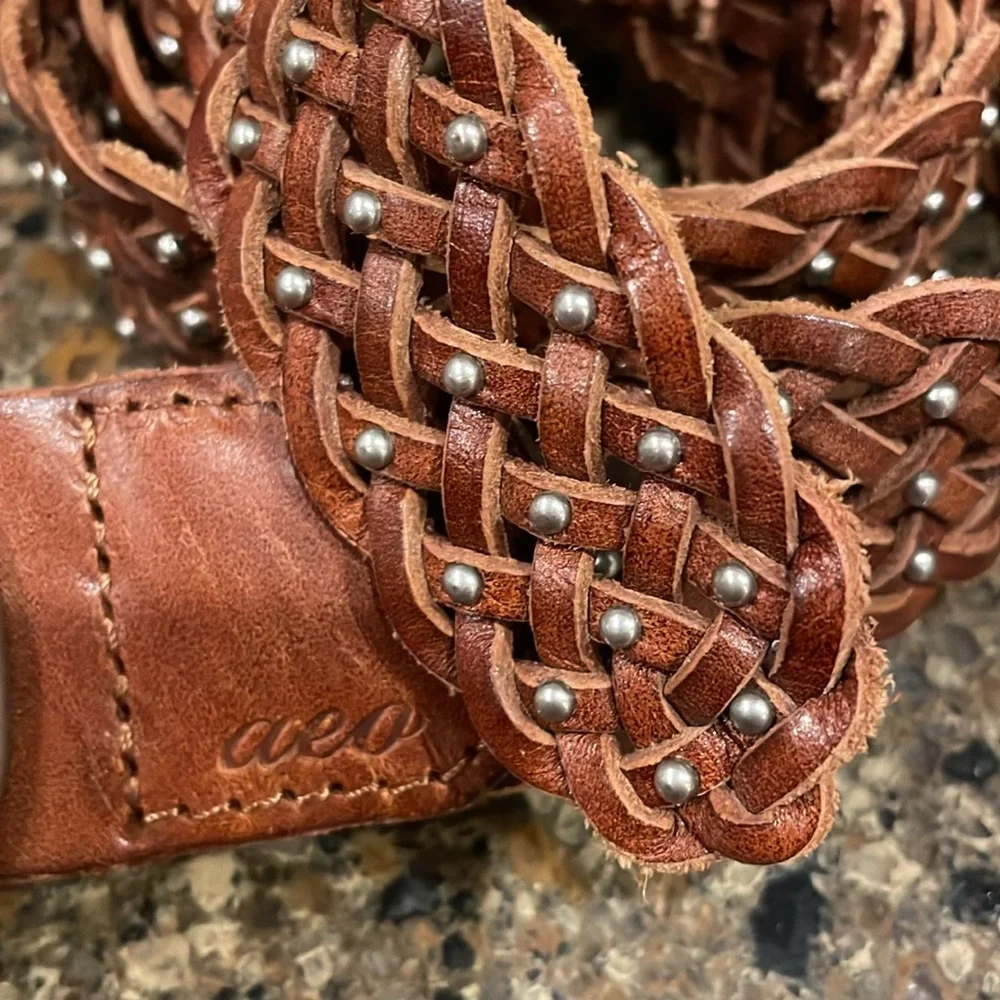 American Eagle Women’s Brown Leather Braided Silver Buckle Studs Belt S M